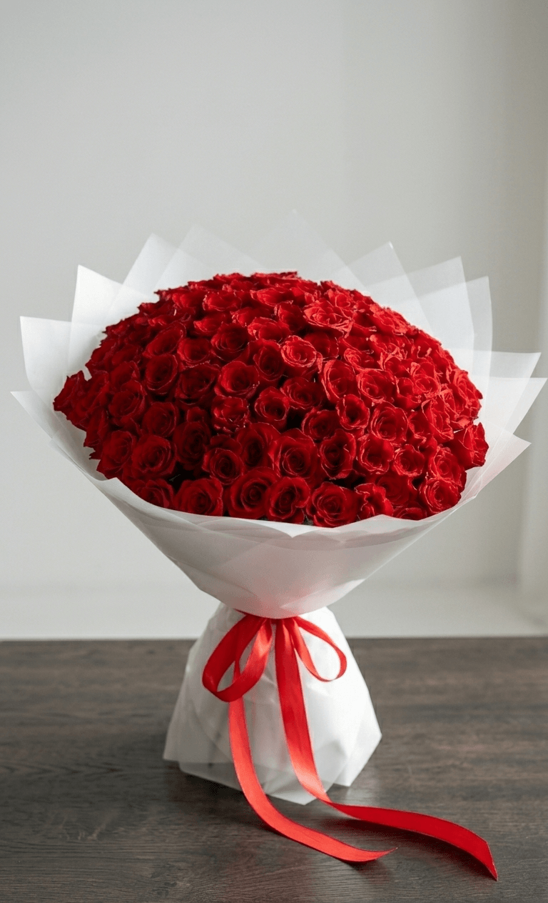 Large bouquet of fresh red roses wrapped in white paper with a red ribbon, on wooden table