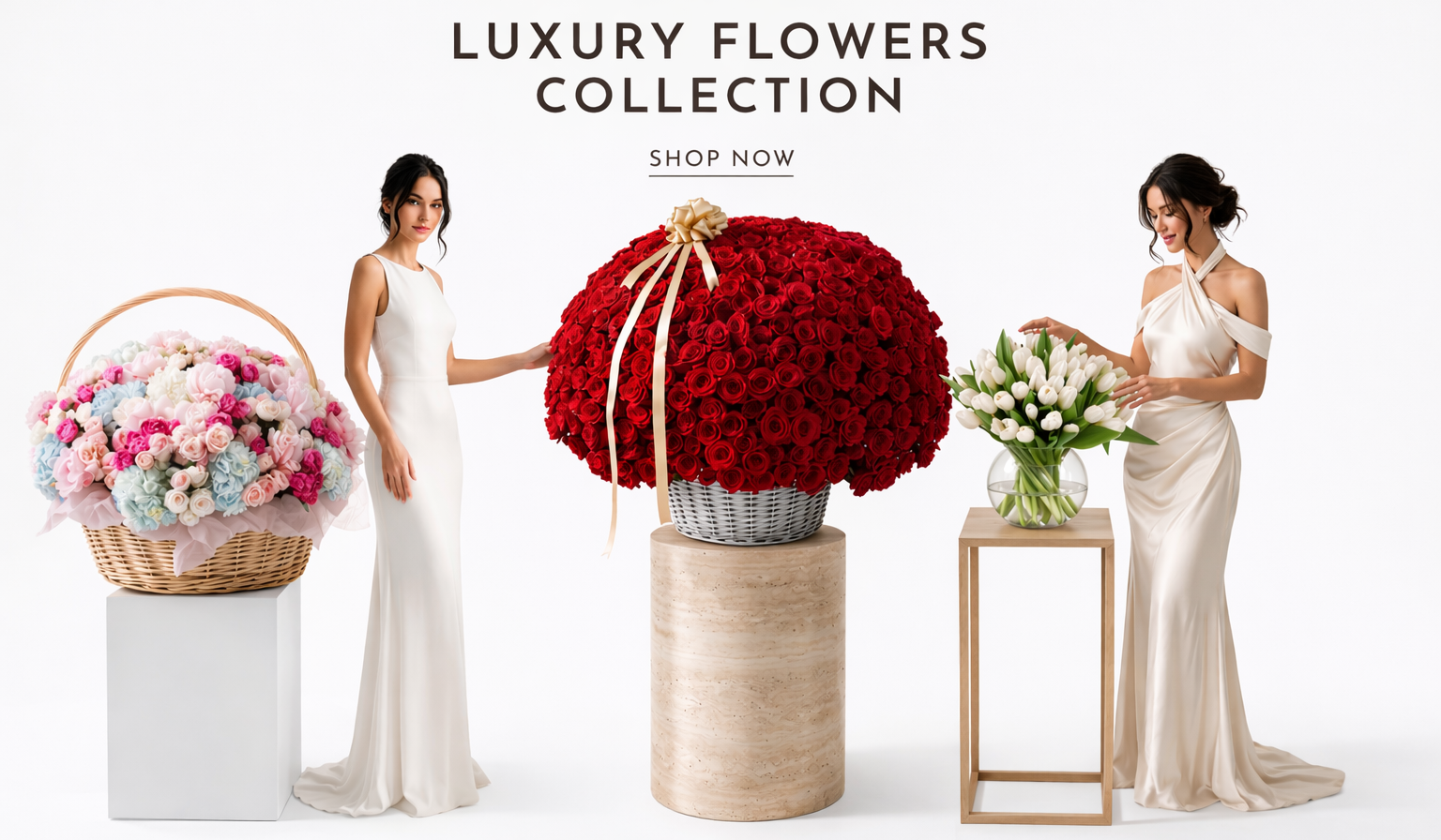 Advertisement for luxury flowers collection with women in white dresses holding flowers.