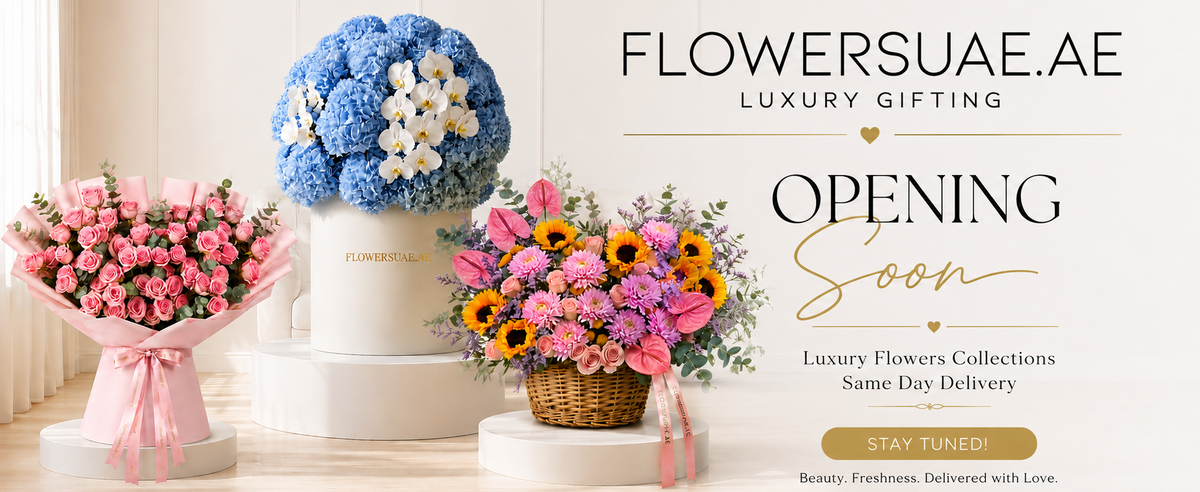 Promotional banner for Flowersuee.Ae Luxury Gifting showing three floral arrangements: pink roses in a white box with a pink bow, a large blue hydrangea bouquet in a white cylinder, and a mixed flower basket with sunflowers, lilies, and pink blossoms.