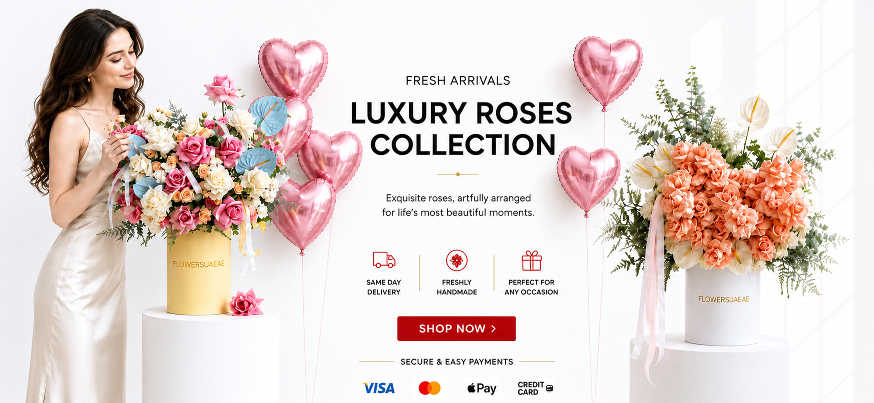 Woman holding a bouquet with 'Luxury Roses Collection' text and flower arrangements on a white background.