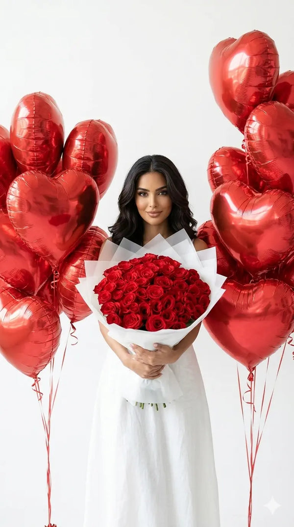 The Eternal Love Combo: 50 Red Roses & 20 Heart Balloons.