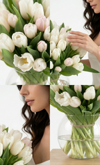 Collage of white tulips in a vase, close-up of flowers, and a woman holding the bouquet.