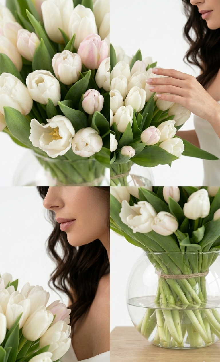 Collage of white tulips in a vase, close-up of flowers, and a woman holding the bouquet.