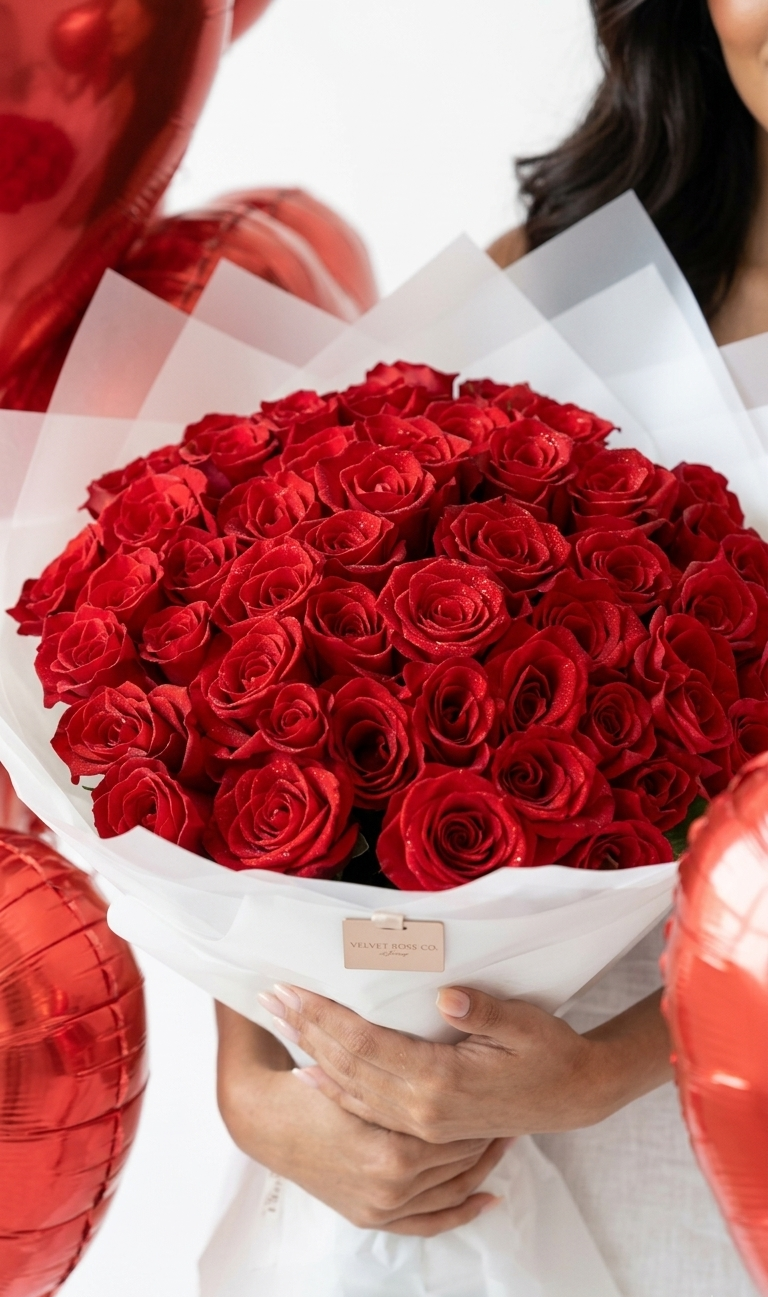 The Eternal Love Combo: 50 Red Roses & 20 Heart Balloons