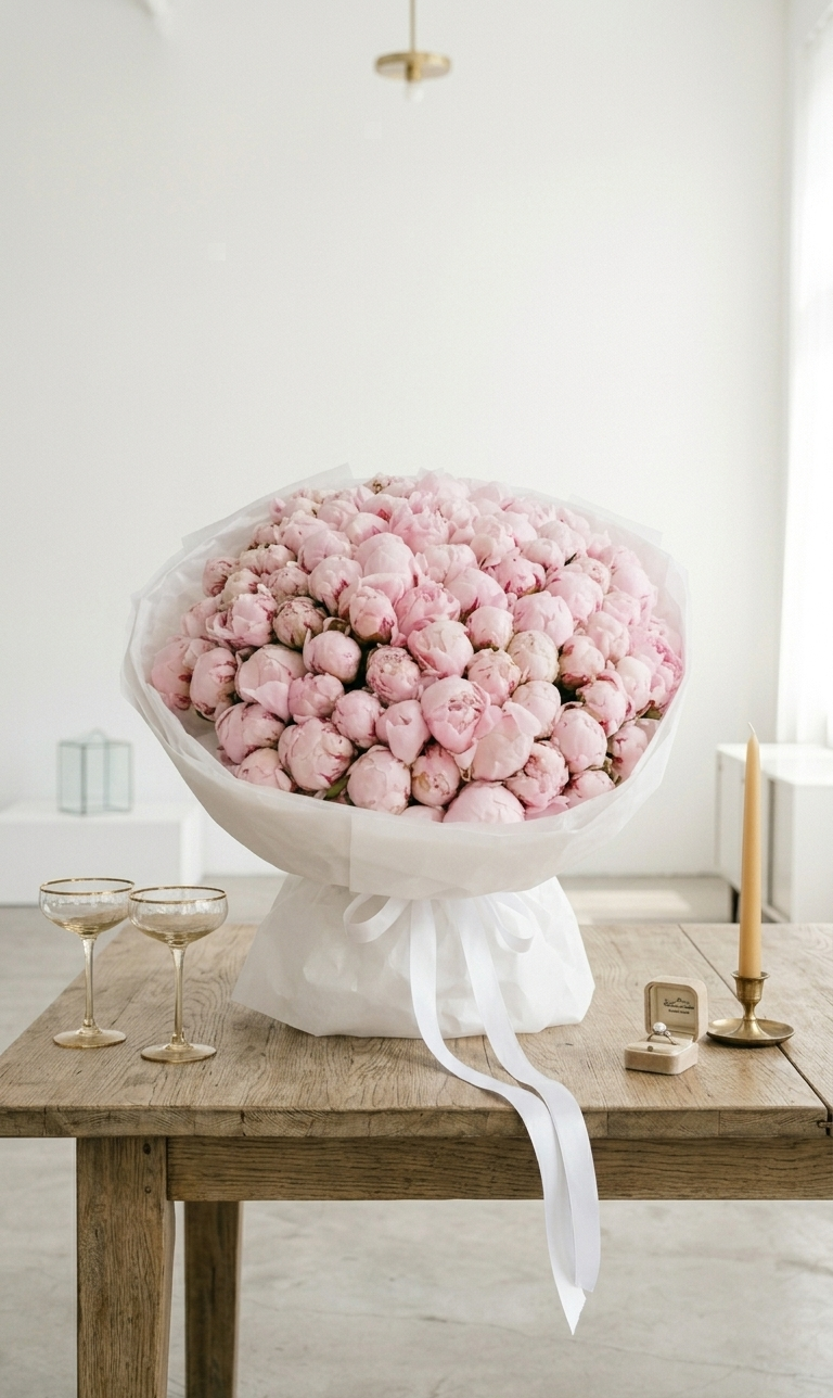 Bouquet of pink flowers on a wooden table with candles and glasses in a bright room.