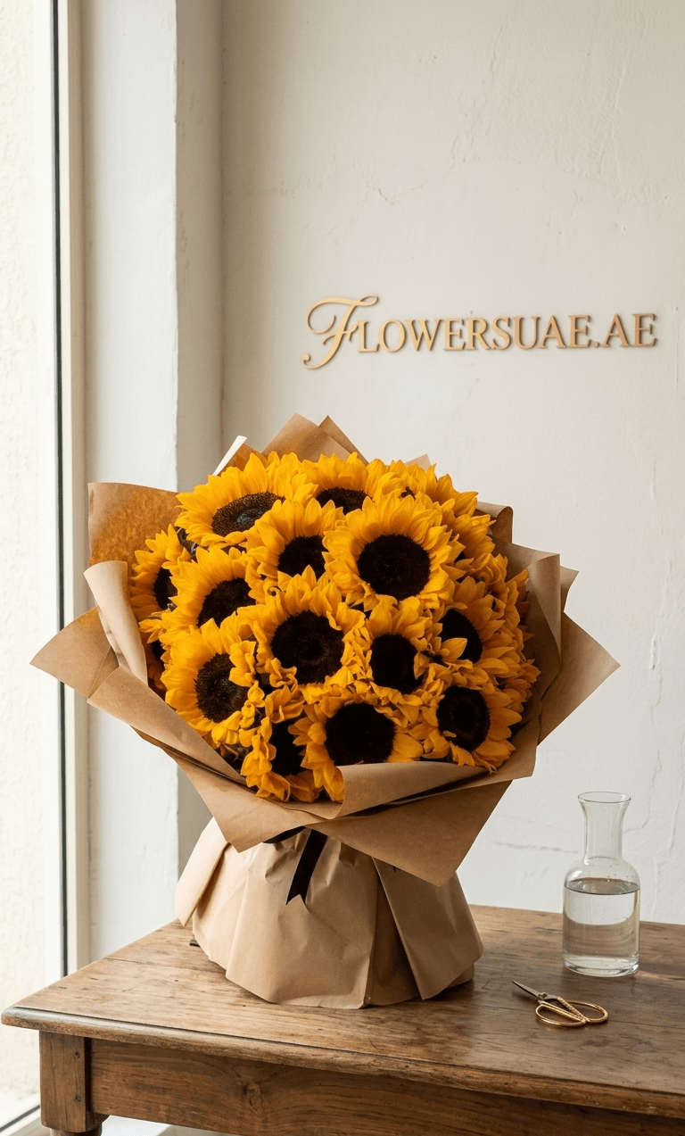 Large bouquet of fresh sunflowers wrapped in paper on a wooden table beside a glass vase and scissors