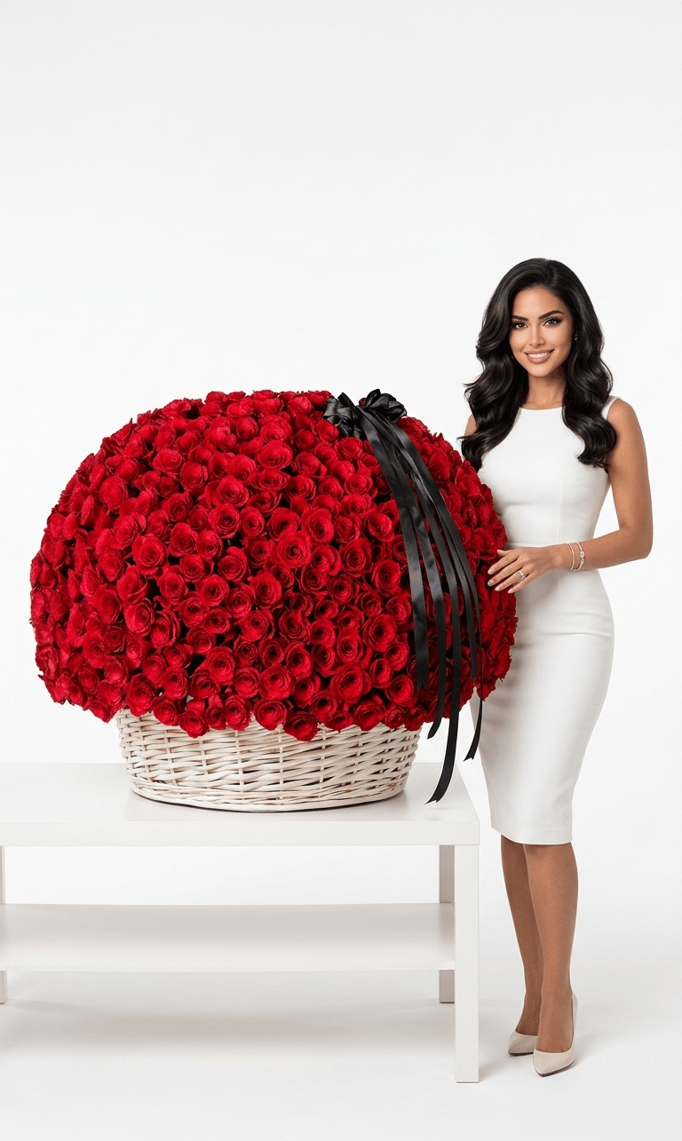 Large basket of red roses with black ribbon, woman in white dress standing beside