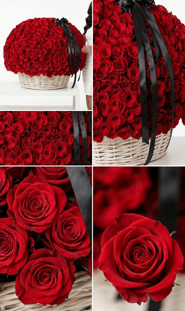 Large white basket filled with red roses and black ribbon, luxury flower arrangement