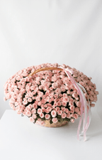 Large basket of light pink roses with ribbon, luxury floral arrangement on white background