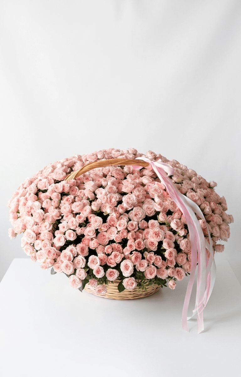 Large basket of light pink roses with ribbon, luxury floral arrangement on white background