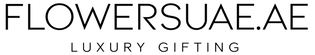 Black text reading 'FLOWERSUAE.AE' with 'LUXURY GIFTING' underneath on a white background.